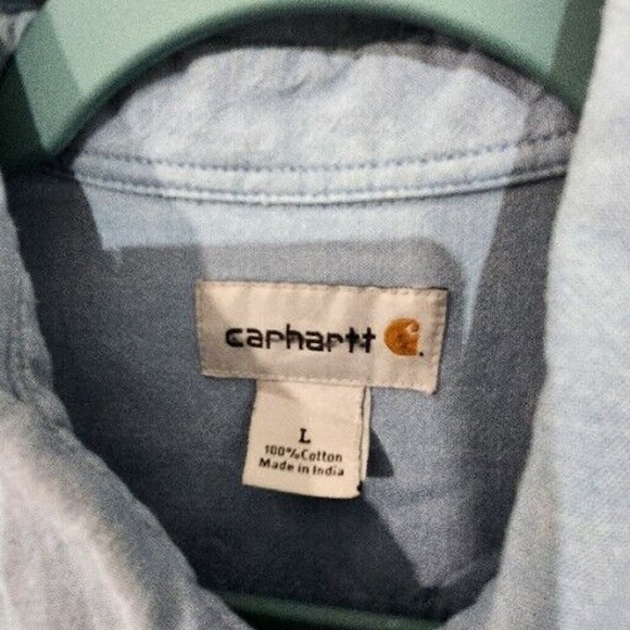 Carhartt Mens Large Blue Loose Fit Short Sleeve Button Up Western Workwear Logo‎ - Picture 3 of 6